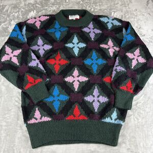 Vintage Inti Rupay‎ 100% Alpaca Sweater Women's L Green Geometric Pattern (1002)